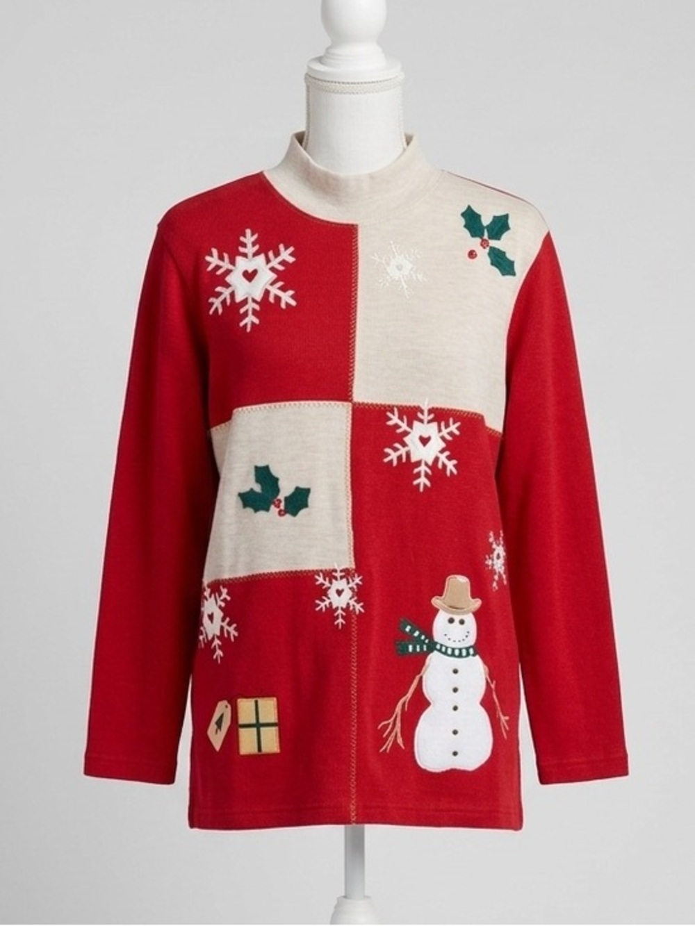 Karen Scott Vintage Christmas Snowman Mock Neck Top Red White Beige Size Medium